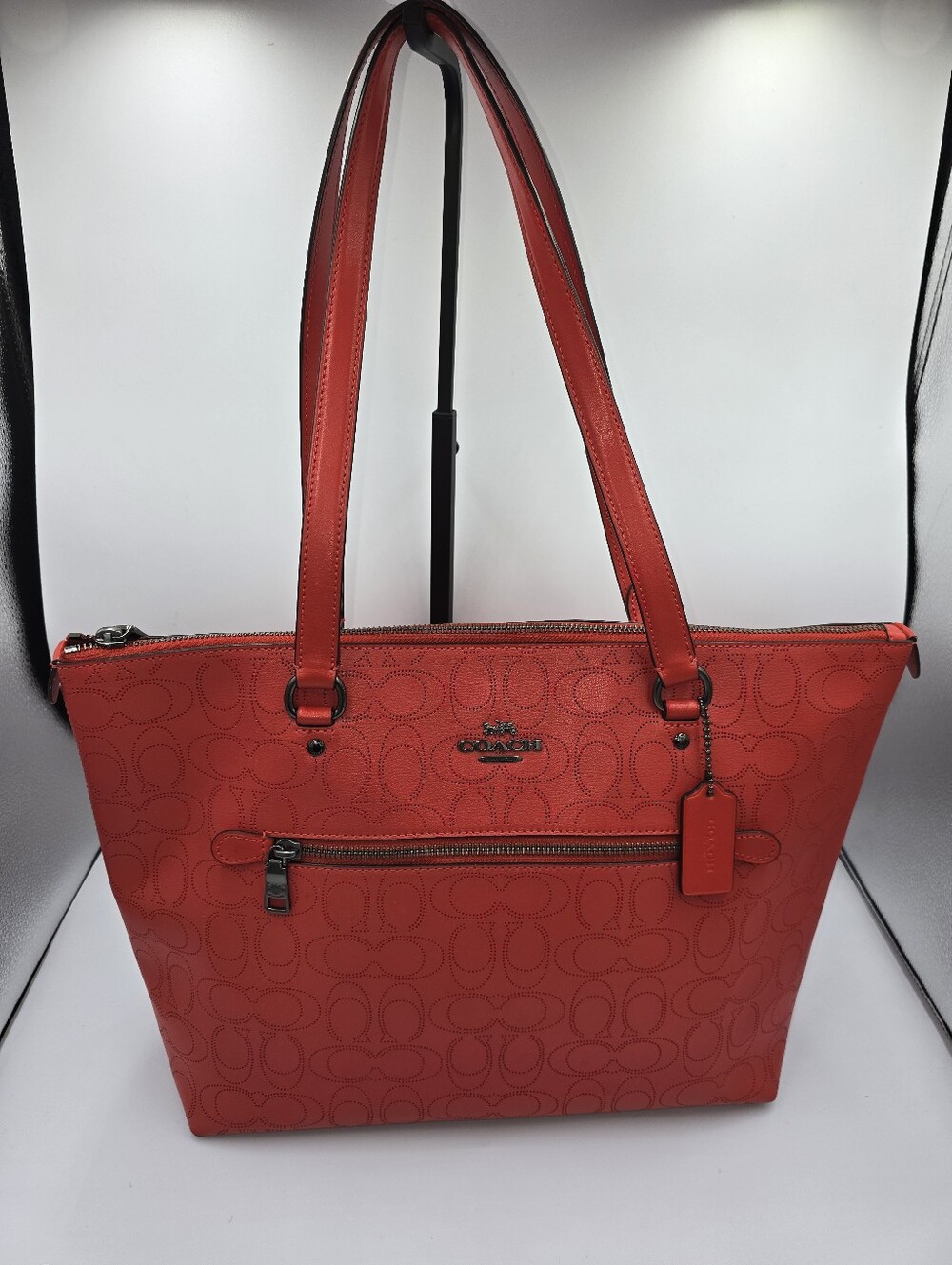 COACH 1499 Red Perforated Leather Gallery Tote Shoulder Bag Purse Gunmetal Hdwre